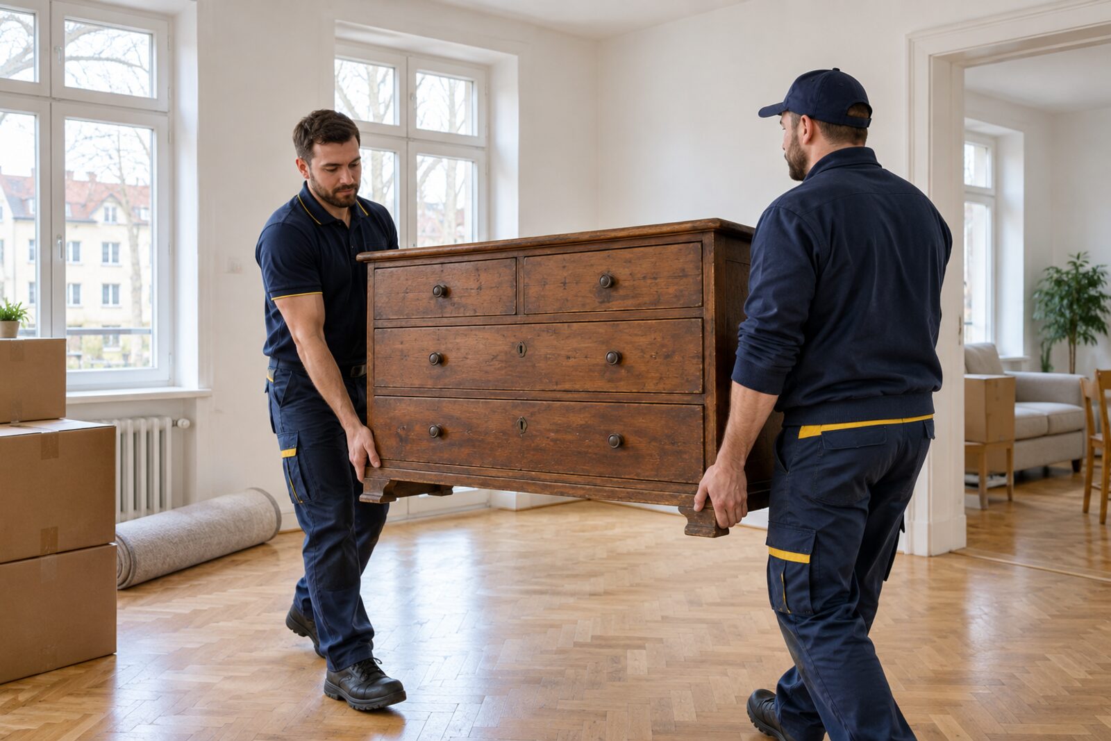 Zwei Mitarbeiter tragen eine Kommode aus einer hellen Wohnung
